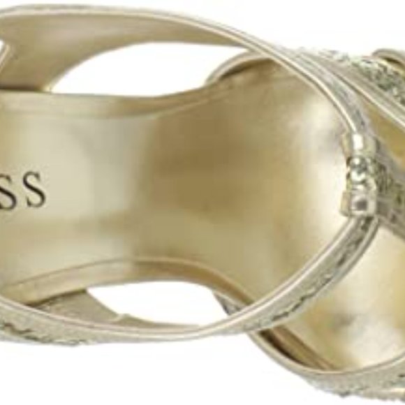 New Guess gold sequin INDRINA haircalf platform t strap sandals heels 6.5 - Picture 3 of 13